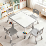 Height Adjustable Kids Desk and 4 Chairs Set, Graffiti Wipeable Tabletop Toddler Activity Table with Storage Baskets - Image 4