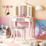 White Kids Vanity Set with Tri-Folding Acrylic Mirror & Drawer, 2-in-1 Convertible Design (3+ Ages)​ - Image 2