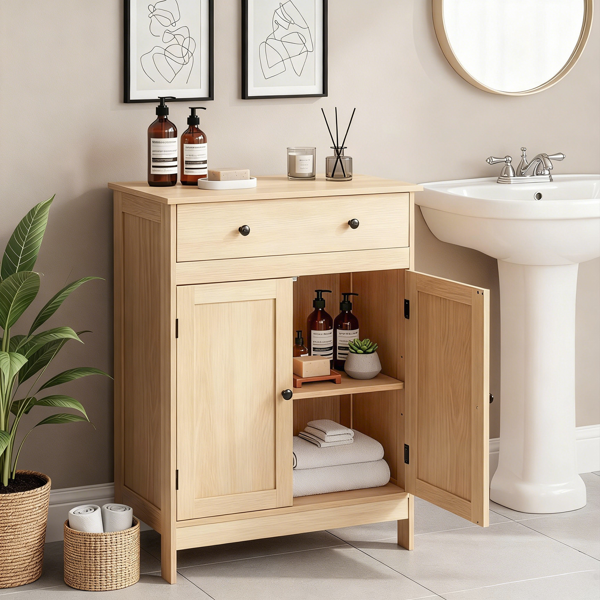 Natural wood color, particleboard with melamine veneer, 60*30*80cm, double doors, single drawer, bathroom vanity