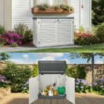 Outdoor Storage Shed, 34 Cu Ft Horizontal Outdoor Storage Cabinet, Lockable Outdoor Storage Box for Garbage Cans, Lawn Mower and Tools, Grey & White - Image 15