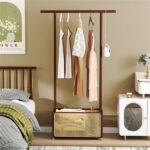2-in-1 Bamboo Clothing Rack with Rolling Wheels & 60L Storage Basket - Brown - Image 3