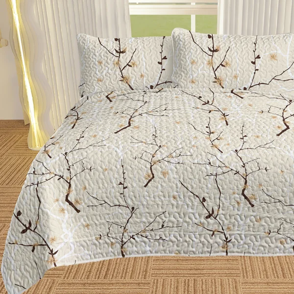 3 pcs Cherry Blossom Quilted Bedspread Set, Beige Floral Branch Print Quilt Set, Lightweight Reversible Coverlet with Pillow Shams, Japanese Sakura Bedding for Bedroom Decor temu can only be self-picked up