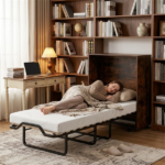 Rustic Brown Mobile Murphy Bed Cabinet 86.5" x 34" x 41.5" with Lockable Wheels, Space Saving Foldable Guest Bed with 4 Inch Foam Mattress - Image 7