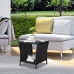 Outdoor Patio Wicker Side Table, Square End Table Bistro Coffee Table with Glass Top Storage Shelf for Porch Garden Backyard Black - Image 23