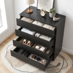 Handleless Grille-Finished 4-Drawer Bedside Table P2 Particleboard + MDF & Melamine Veneer + Thermoformed Drawer Dresser 23.62*14.96*30.71in Black - Image 18