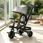 Gray 5 in 1 Foldable Toddler Trike – Travel-Friendly with Storage, Reversible Seat, Safety Harness for 1-5 Years Old Family Trips - Image 7