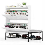 Barn door style shoe cabinet with 2 flip-down compartments, baffle, wire mesh, metal legs with soft pads, and 1 hook. Made of particleboard. Dimensions: 120*24*120cm. Color: White - Image 4