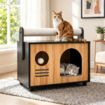 Wooden Cat Cave House with Dual-Use Sisal Scratching Post Handle, Engineered Wood Indoor Cat Condo with Hanging Bell Ball Removable Washable Cushion Anti-Scratch Foot Pads for Small Medium Cats Natural Black - Image 8