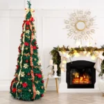 7 FT Fully Decorated Pre-lit Christmas Tree, Pop Up Artificial Xmas Tree with 200 Warm Lights Remote Control and Red & Golden Ornaments for Home Office Store Holiday Deco - Image 9