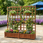 Rustic Brown Elevated Planter with Lattice Trellis, Dual Large Planting Boxes with Drainage System for Vining Flowers Vegetables Balcony Decor - Image 9