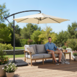 10FT Round Offset Patio Umbrella, Banana Hanging Cantilever Umbrella with 60° Adjustable Angle, Crank System, Cross Base & Pole Sleeve, UPF 50+ Waterproof Polyester Canopy, 6 Iron Ribs for Garden Deck Backyard, Khaki - Image 24