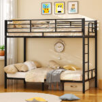 Black Twin Bunk Bed Square Tube High Guardrail Side Ladder Opening Iron Bed - Image 13