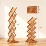 Foldable Bamboo Magazine Rack Brochure Display Stand with 5 Storage Pockets, 2 Adjustable Heights Pop-Up Design Anti-Slip Foot Pads Freestanding Floor Literature Holder Walnut Finish - Image 4
