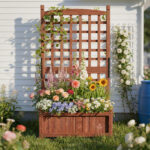 Wooden Planter with Trellis, 50" Tall Elevated Garden Bed Outdoor with Wheels, Freestanding Planter Box with Drainage Holes for Flower, Vegetable, Fruit, Herb in Garden, Patio, Balcony - Image 3