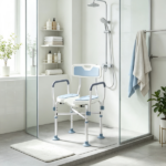 Light Blue Padded Bath Seat – Height Adjustable Anti-slip Shower Chair with Arms and Back - Image 5