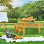 6-Person Outdoor Circular Wooden Picnic Table with 3 Built-In Benches, Outside Table and Bench Set for Porch Backyard Patio Lawn Garden - Image 8